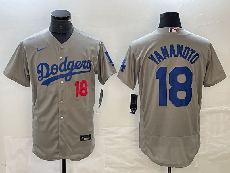 Men Los Angeles Dodgers 18 Yamamoto Grey Nike Elite MLB Jersey style 2
